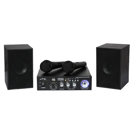 Set Karaoke cu Amplificator USB, Bluetooth, 2 Microfoane și 2 Boxe din Lemn