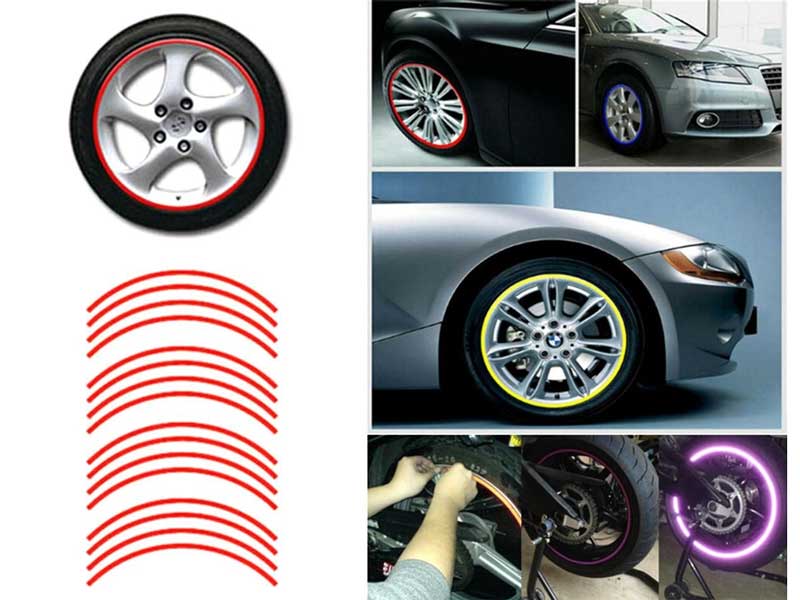 Bandă reflectorizantă pentru roți – set 16 dungi – 8 mm – PVC durabil pentru jante 16–18 inch – culoare roșu