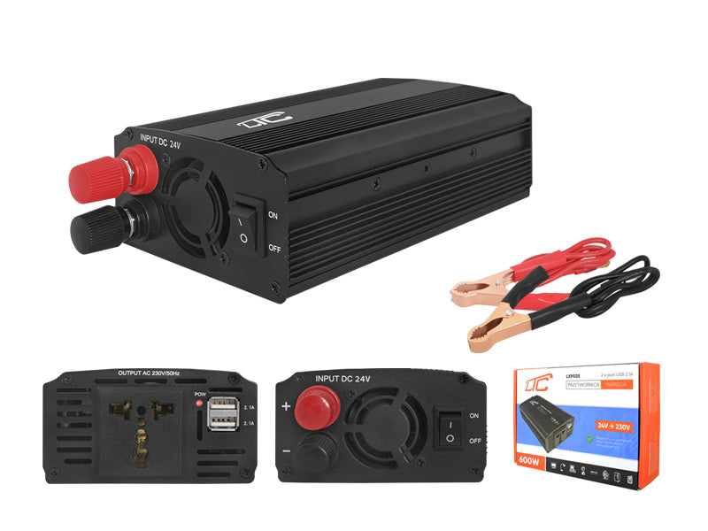 Invertor Tensiune 24V 600W cu 2×USB – Undă Modificată, 1200W Vârf, Protecții Complete