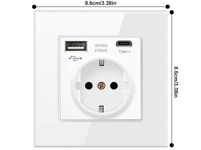 Priză Schuko cu USB și Tip C 2.1A – 3 în 1, sticlă albă, 16A