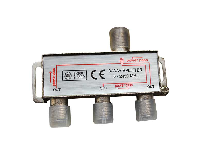 Splitter Satelit 3 Căi 5–2450 MHz cu Power Pass, Carcasă Zinc, Nichelat