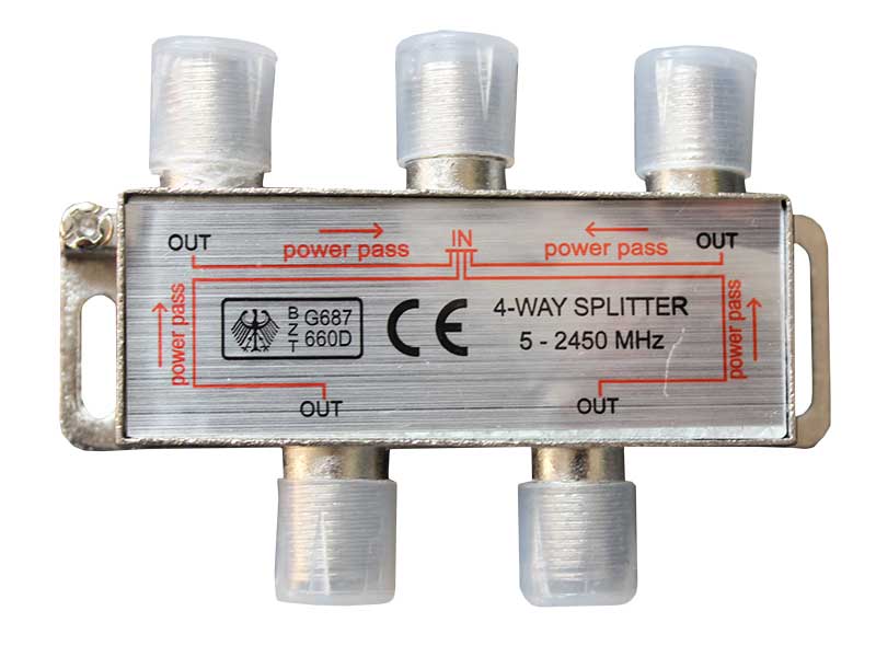 Splitter Satelit 4 Căi 5–2450 MHz cu Power Pass, Carcasă Metalică Zincată