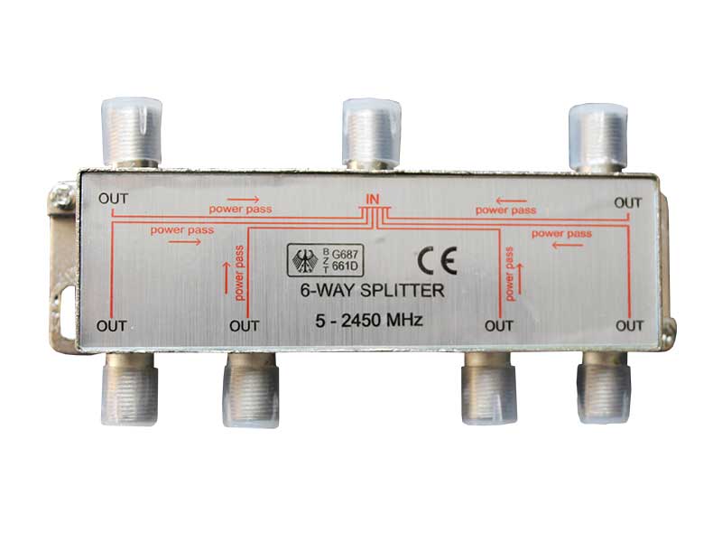 Splitter Satelit 6 Căi 5–2450 MHz cu Power Pass, Carcasă Metalică Zincată